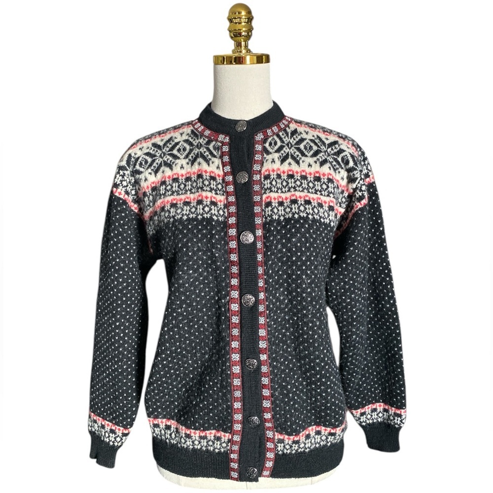 Rugged Bear Women Vtg Black Fair Isle Wool Button Ski Knit Cardigan Sweater Sz M